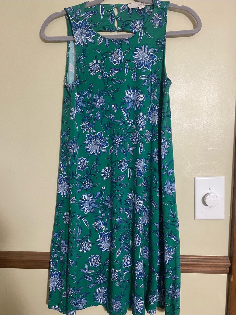 LOFT Green Floral Midi Dress with Blue & White Flowers